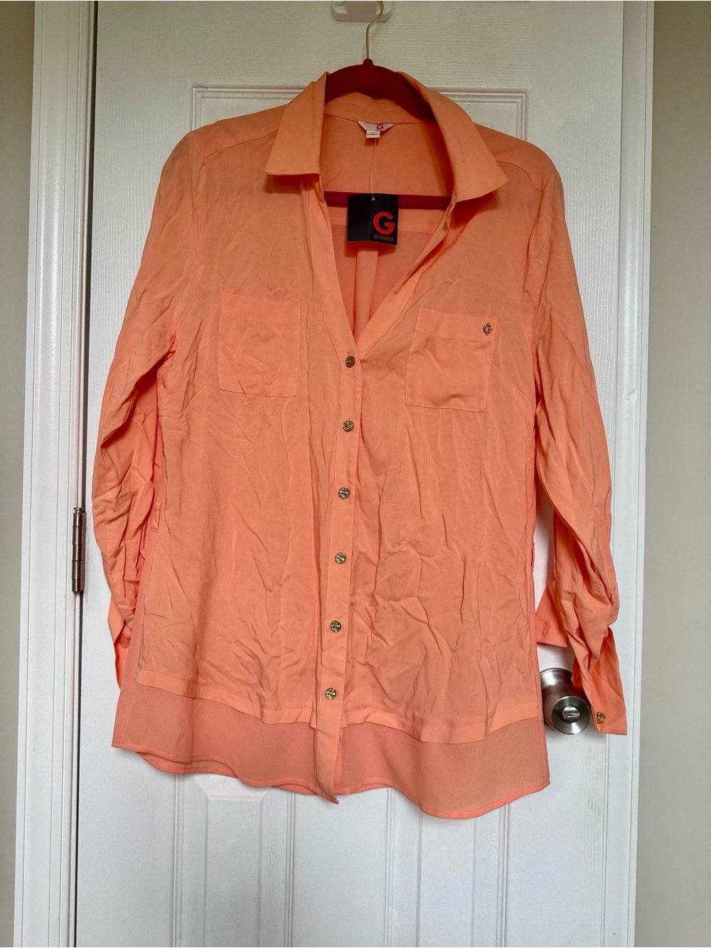 G by Guess Peach-Orange Sheer Button-Down Blouse